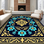 Dark Blue Golden Floral Medallion Rug
