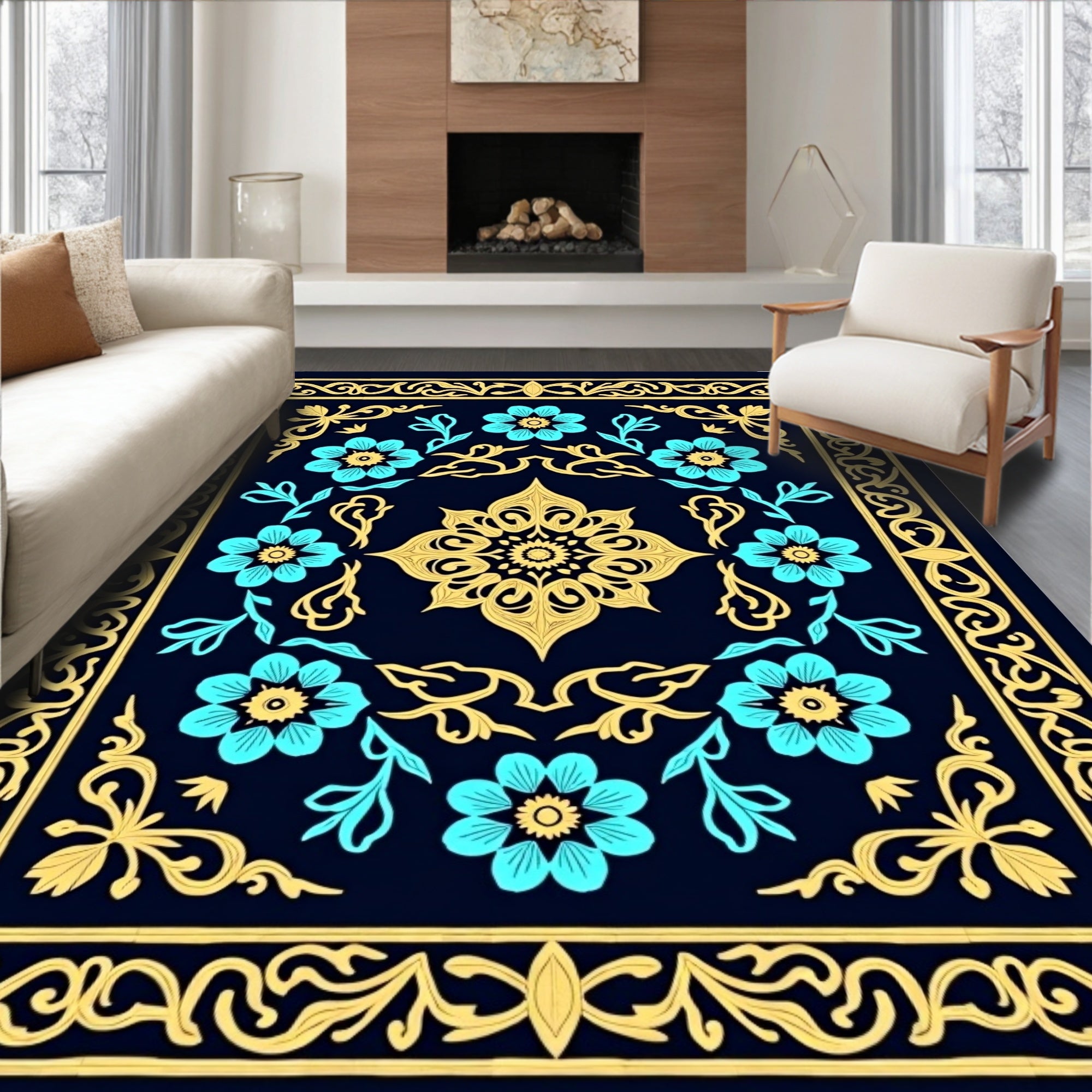Dark Blue Golden Floral Medallion Rug