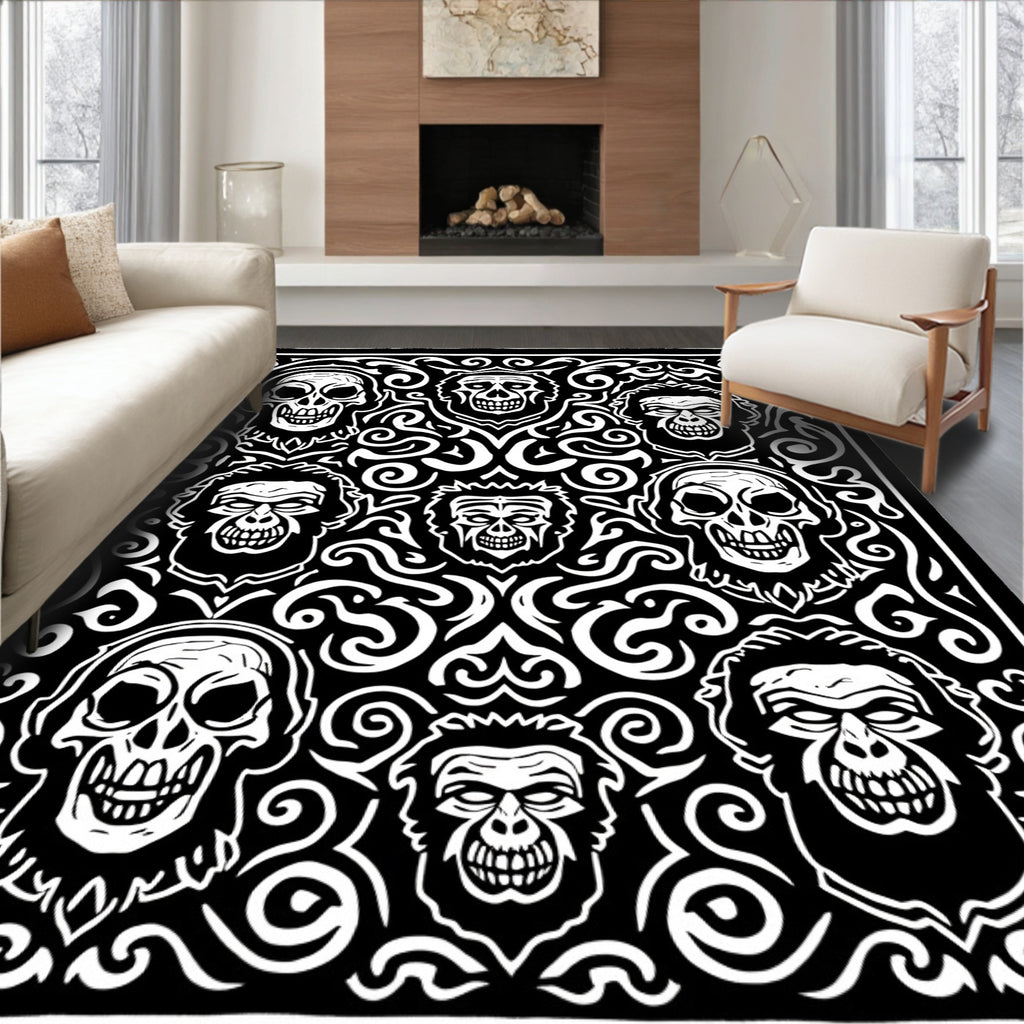 Black White Spooky Skull Horror Medallion Rug