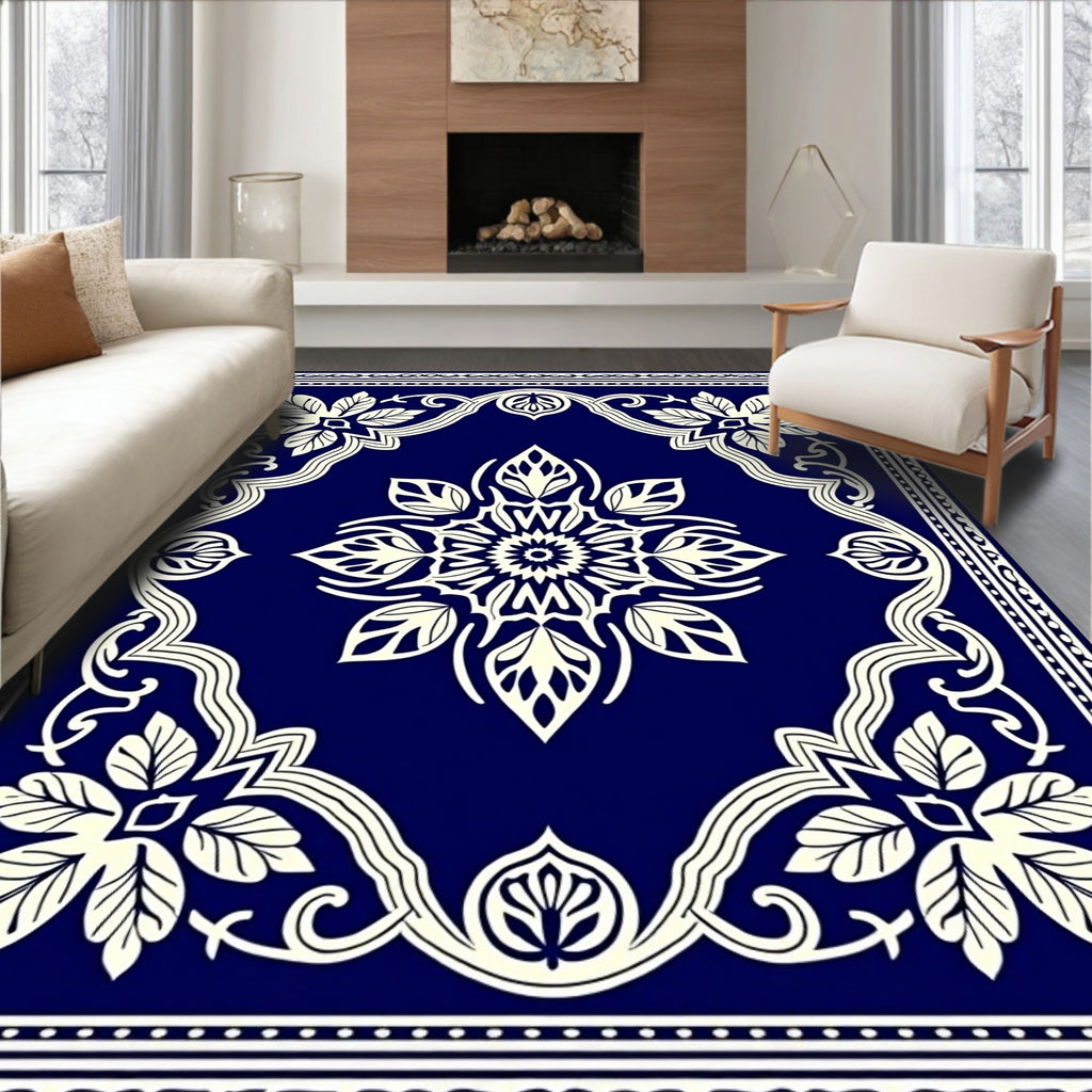 Deep Blue Ivory Floral Medallion Border Rug