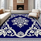 Deep Blue Ivory Floral Medallion Border Rug