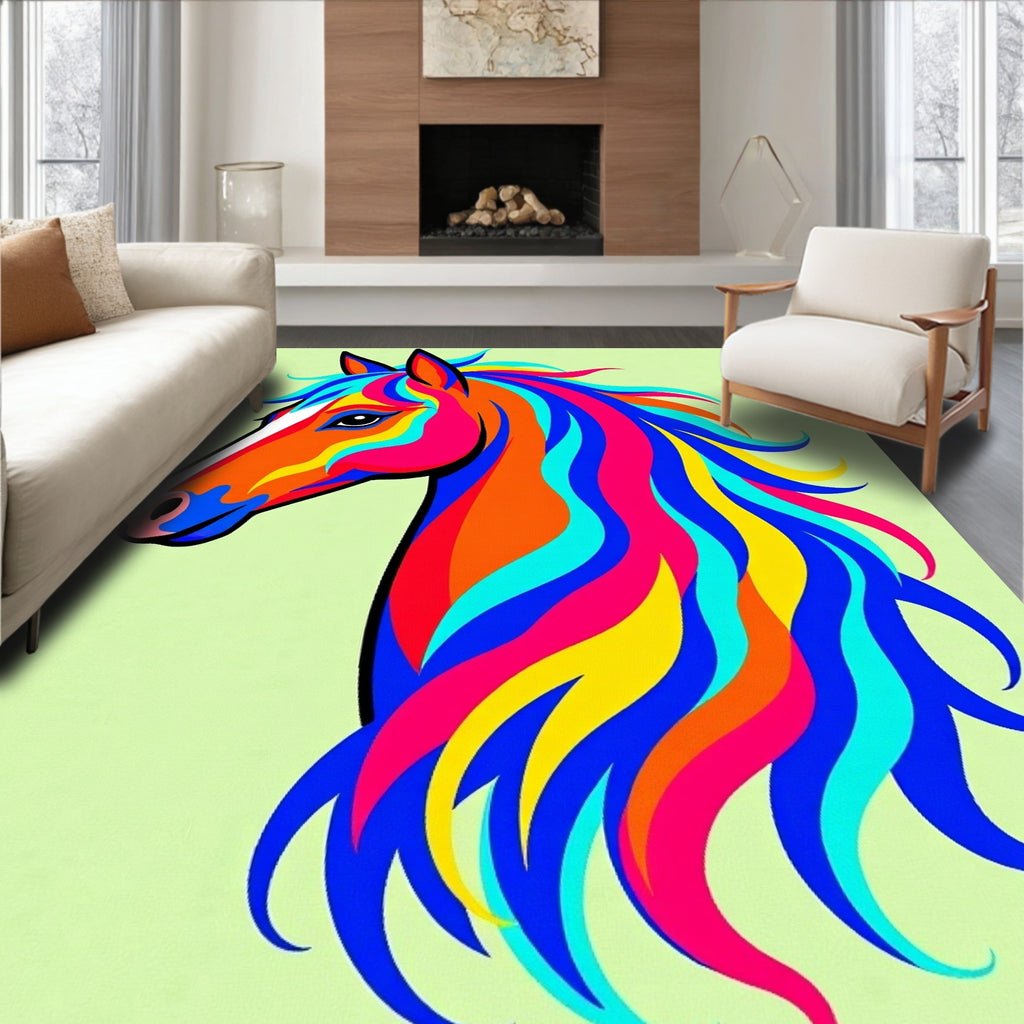 Vibrant Rainbow Horse Head Art Rug