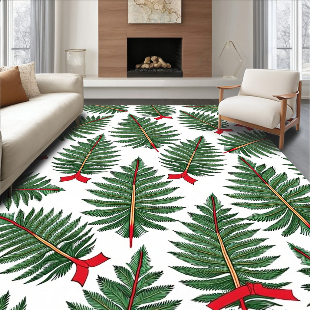 Green Pine Sprigs Red Ribbon All-Over Rug