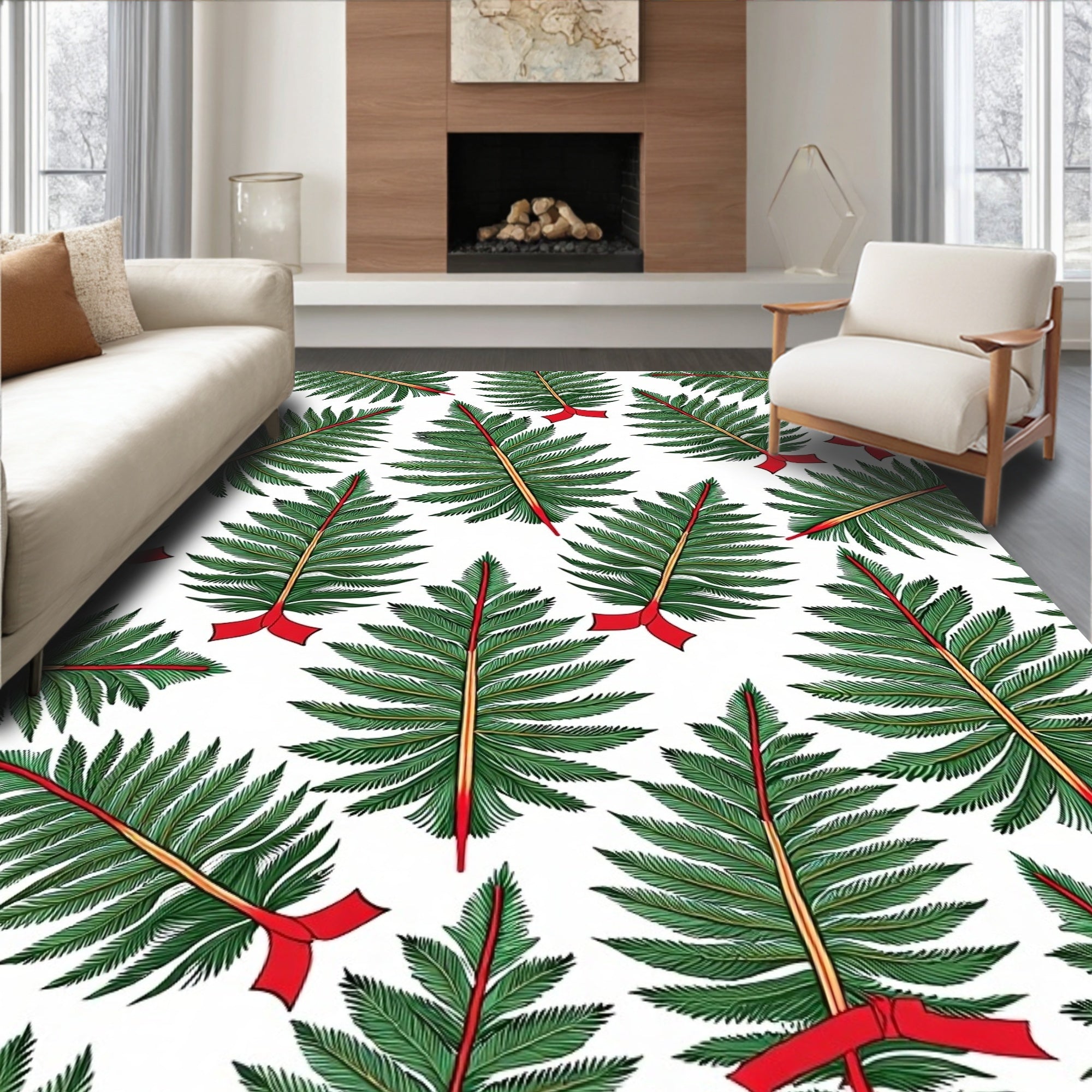 Green Pine Sprigs Red Ribbon All-Over Rug