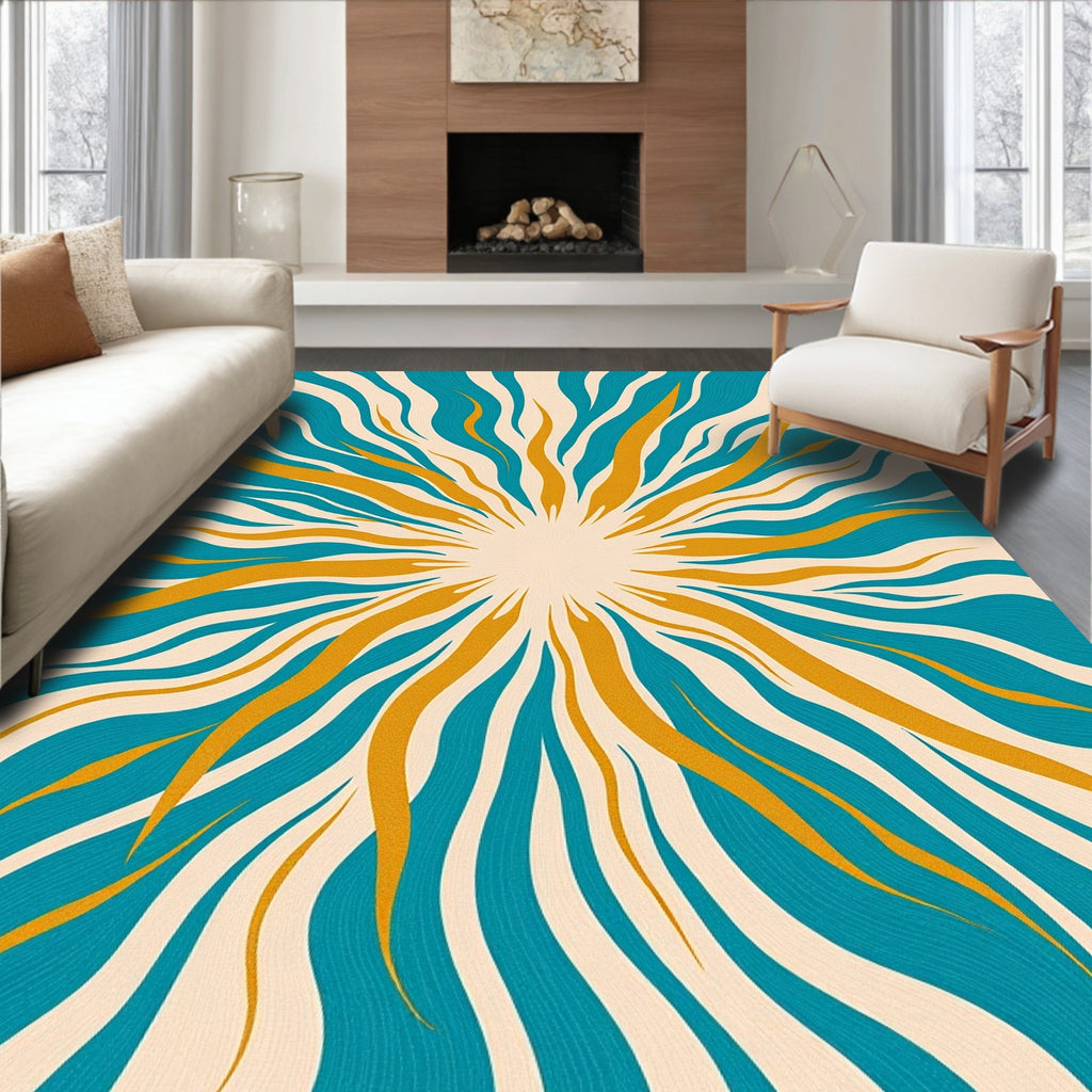 Retro Teal Orange Sunburst Rug