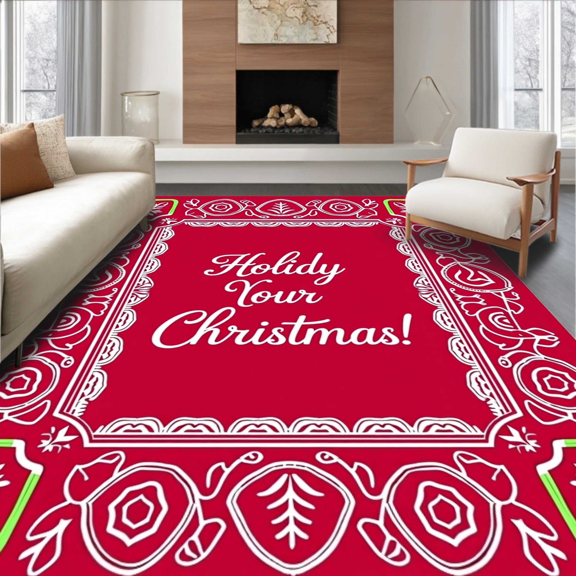 Red Festive Snowflake Border Rug
