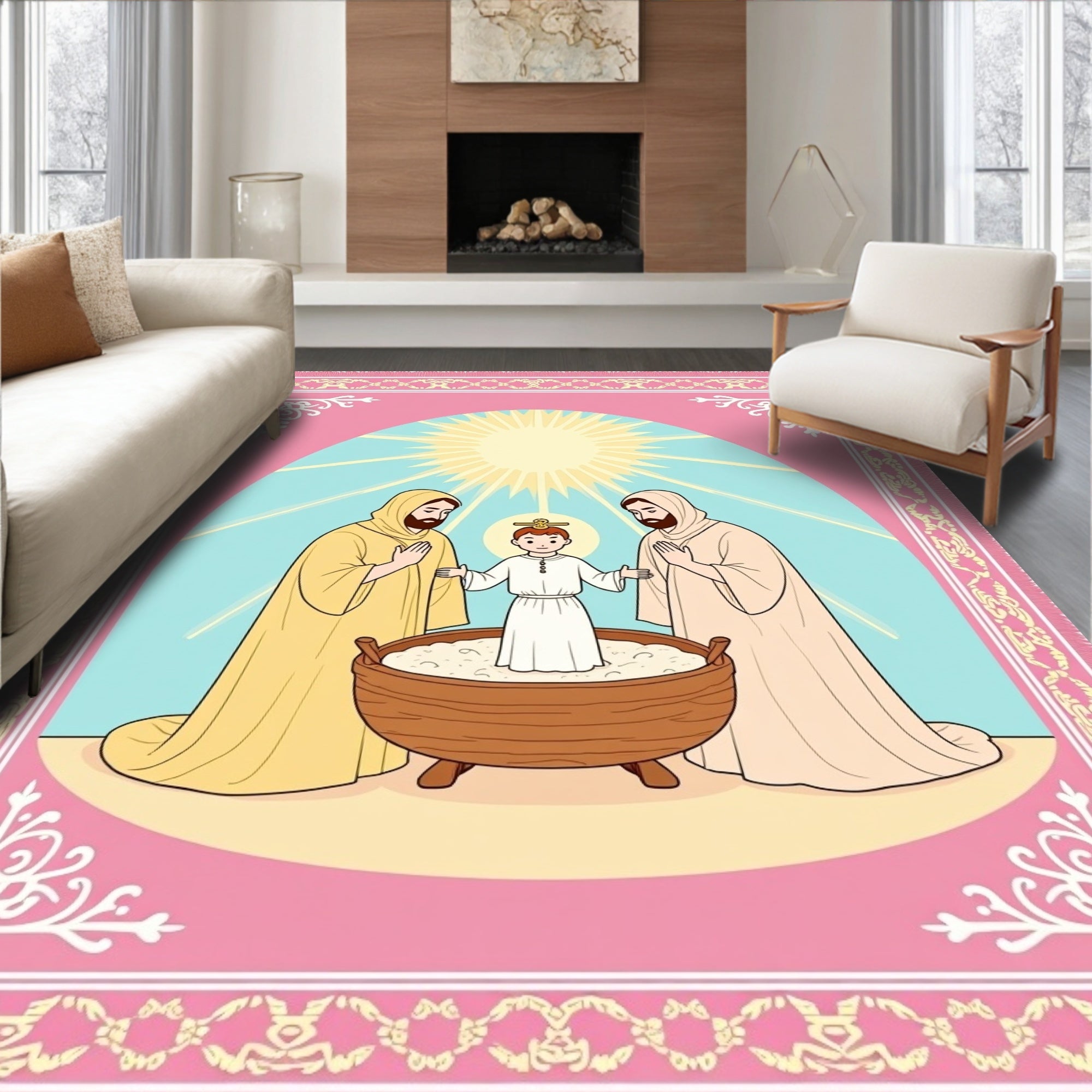 Pink Religious Figures Sunburst Rug