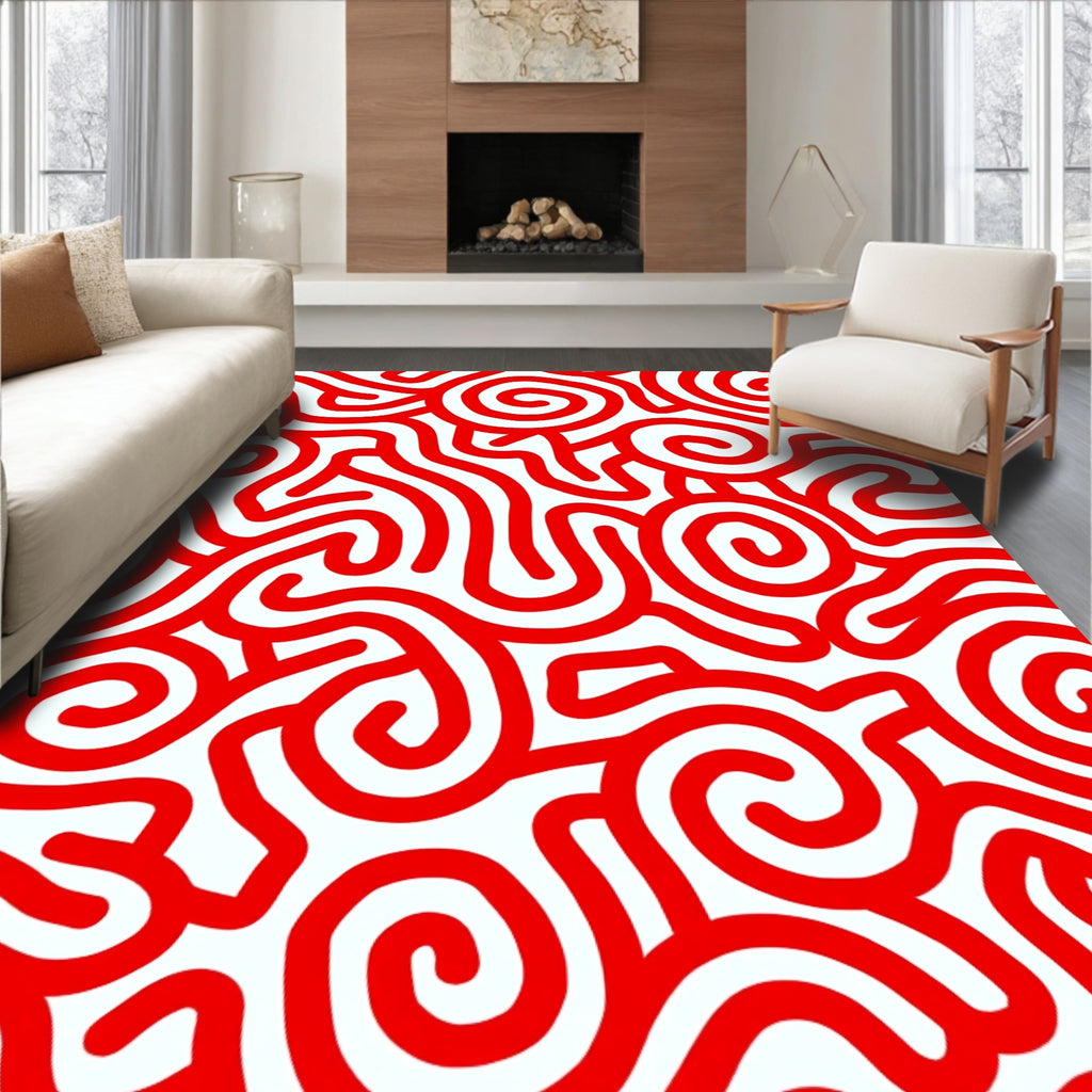 Bold Red Swirl Maze Rug