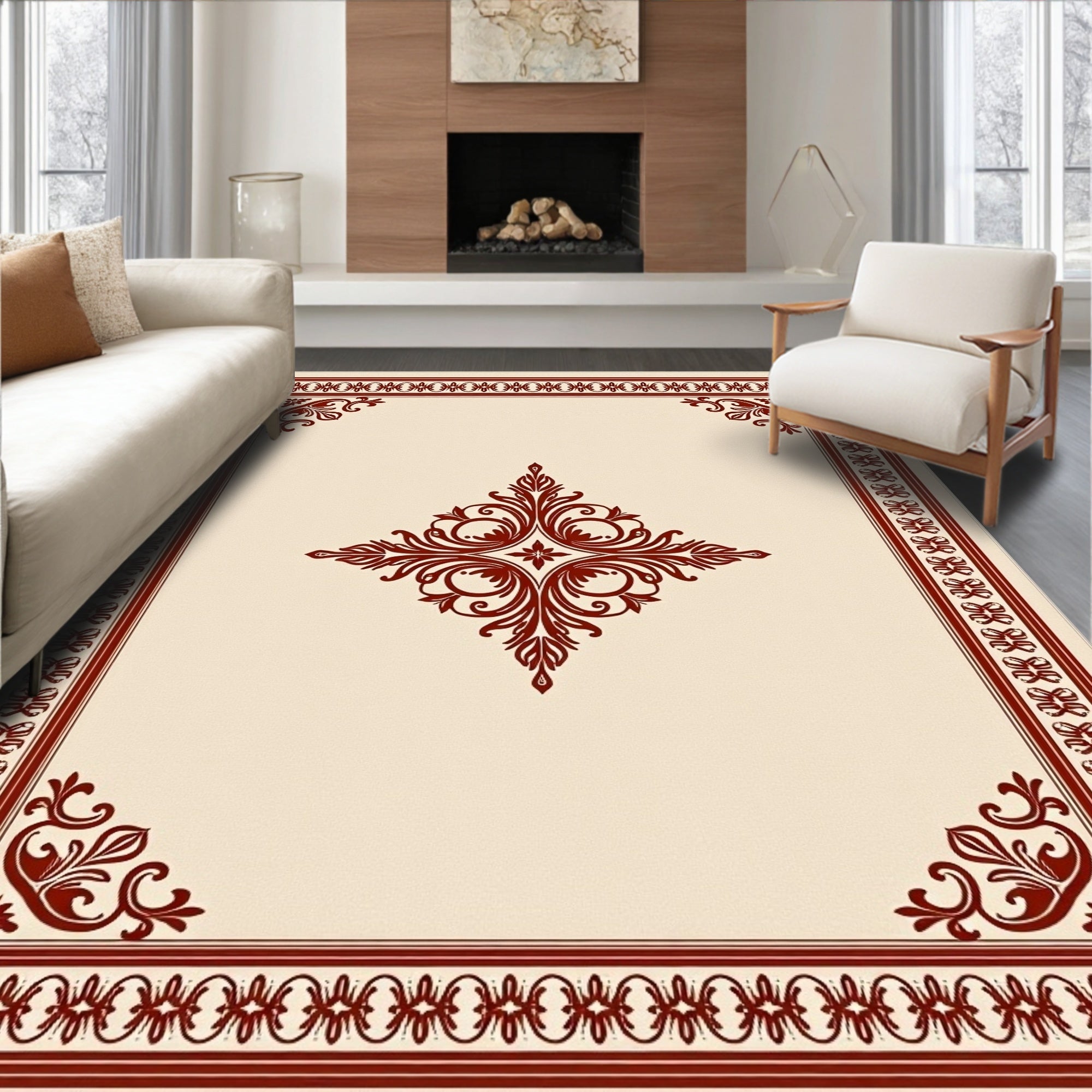 Crimson Floral Lace Border Rug