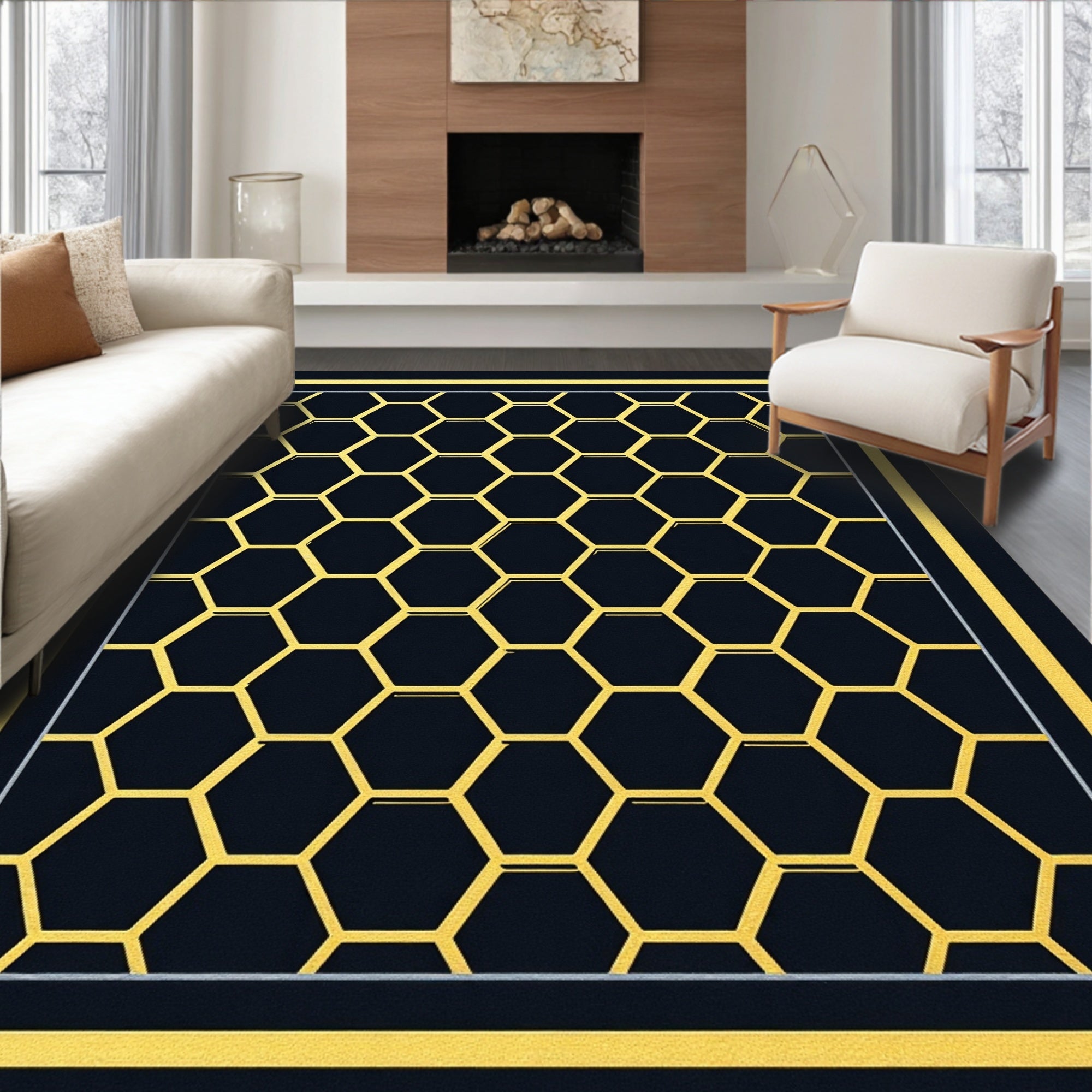 Gilded Honeycomb Geometric Frame Rug