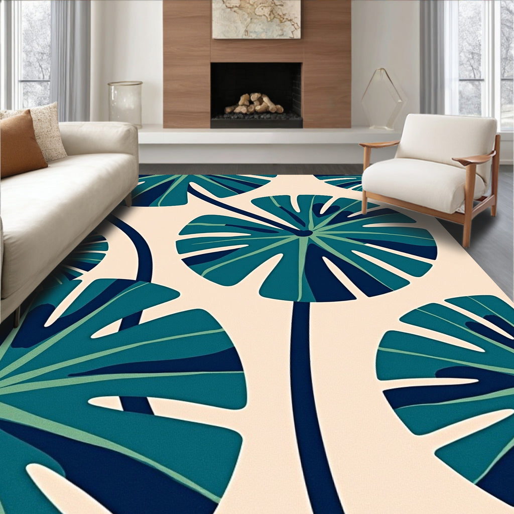 Tropical Teal Leaf Radiating Spoke Rug