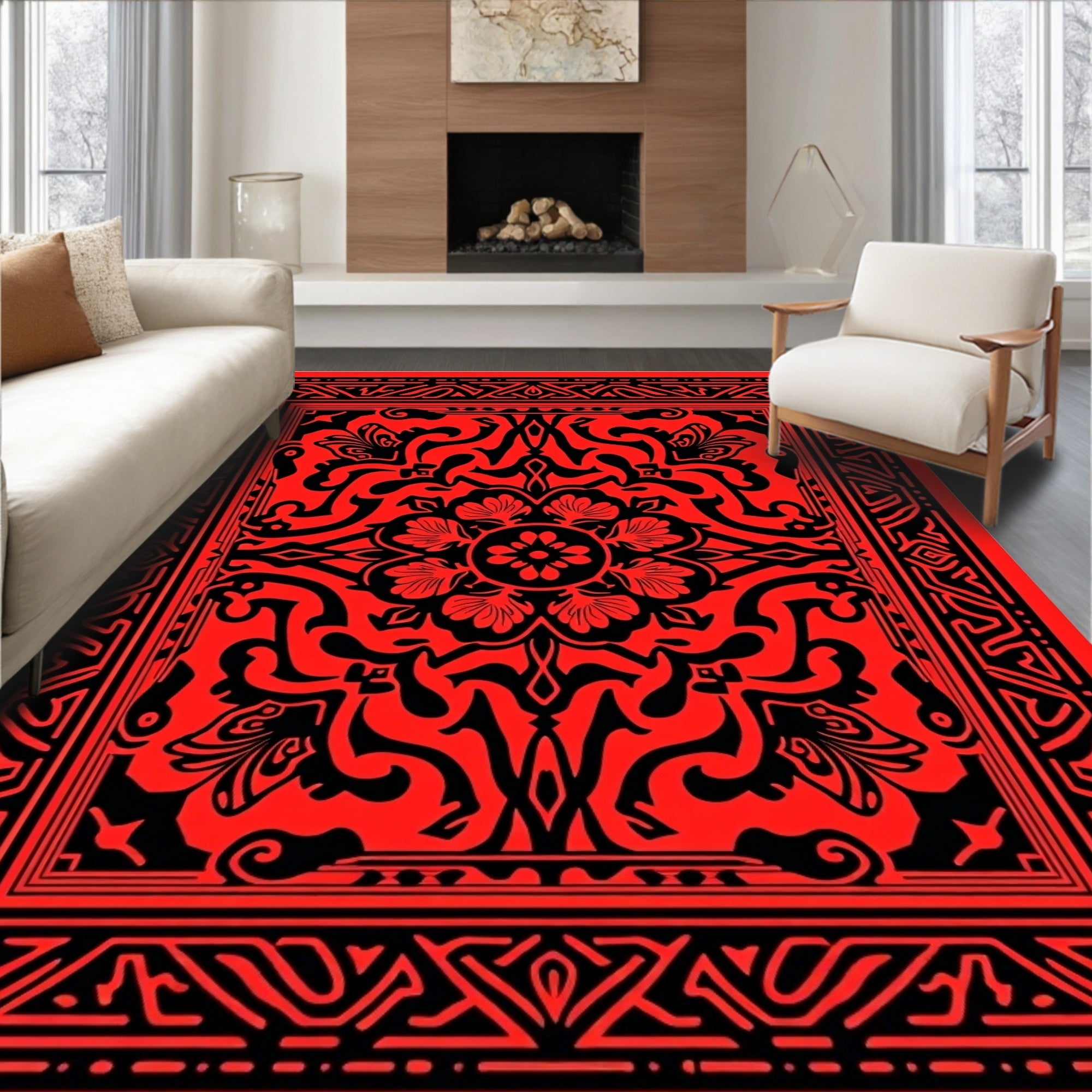 Crimson Black Floral Medallion Border Rug