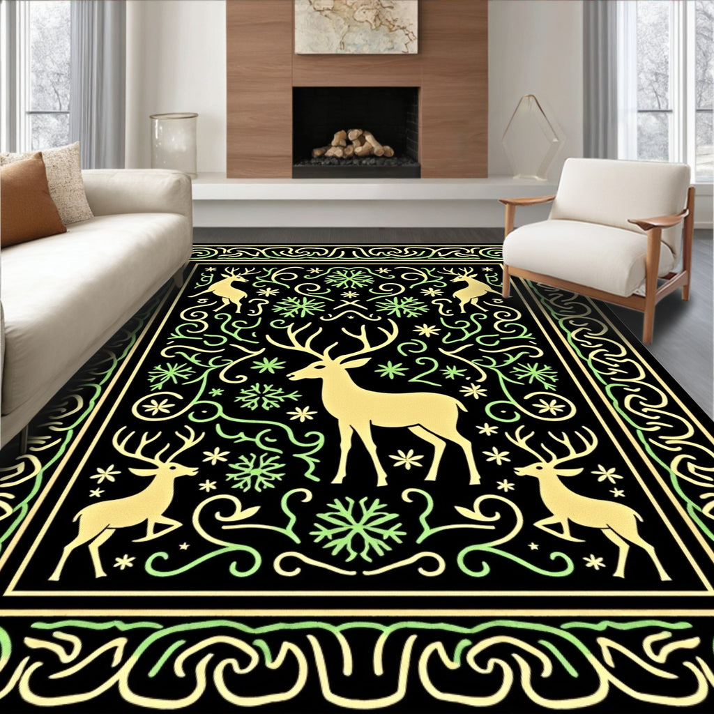 Golden Deer And Snowflake Forest Rug