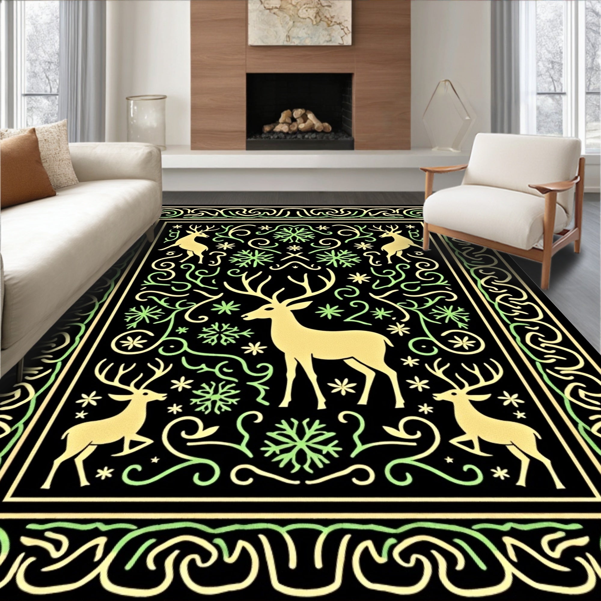 Golden Deer And Snowflake Forest Rug