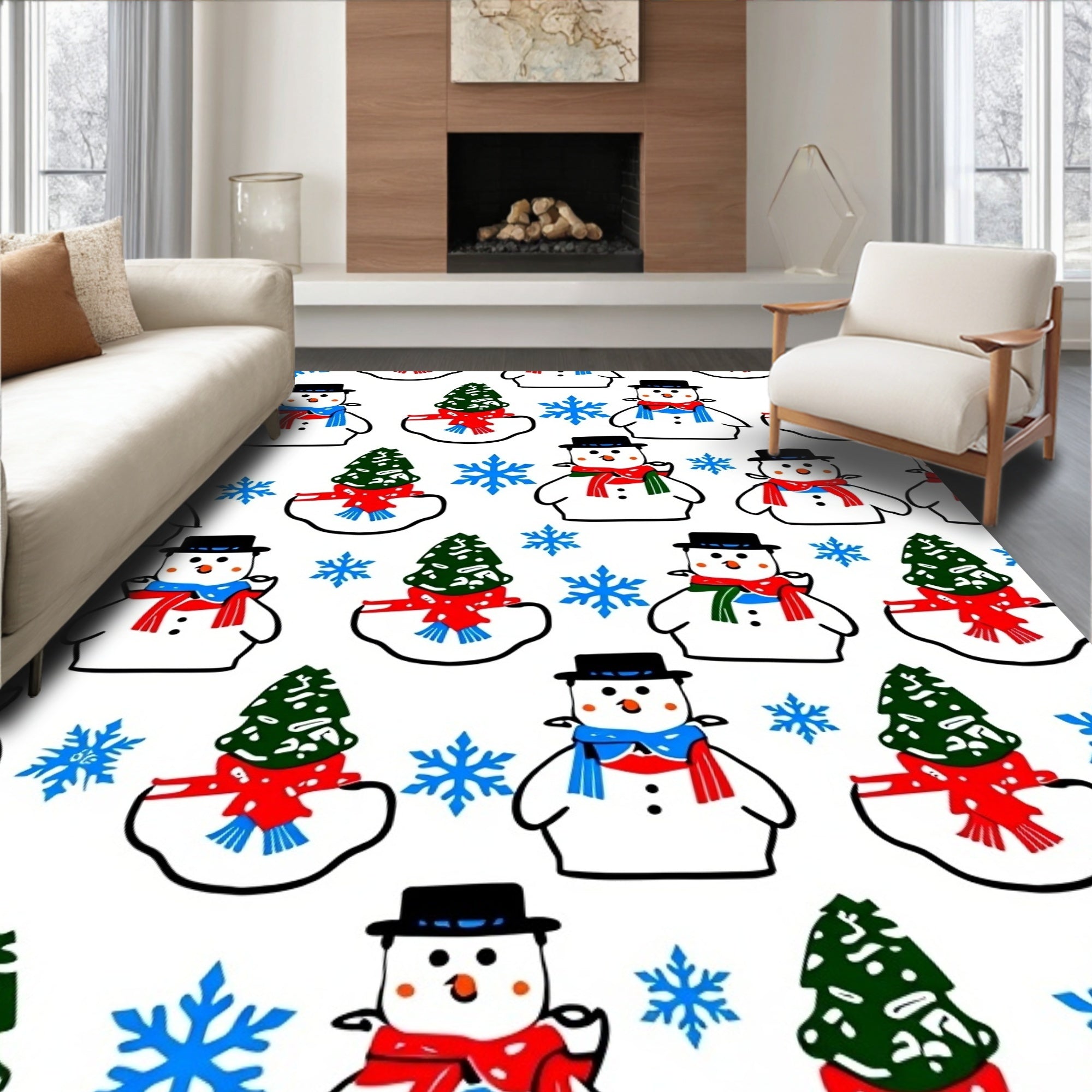 Playful Snowmen Christmas Trees Snowflakes Rug
