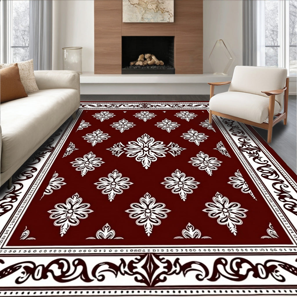 Rich Crimson Floral Border Medallions Rug