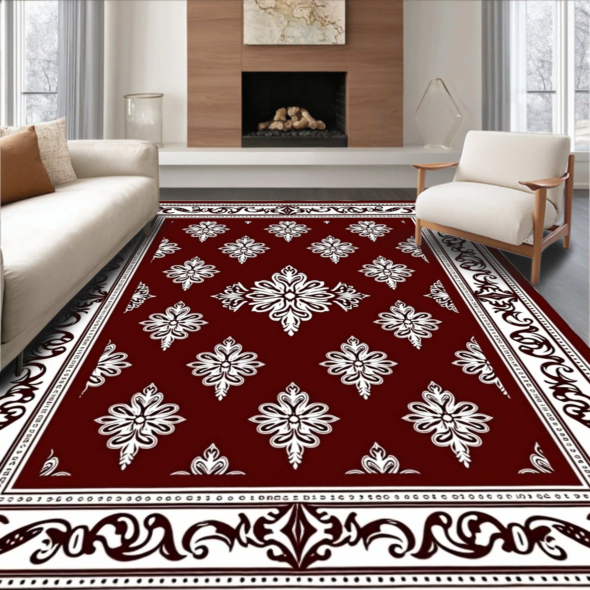 Rich Crimson Floral Border Medallions Rug