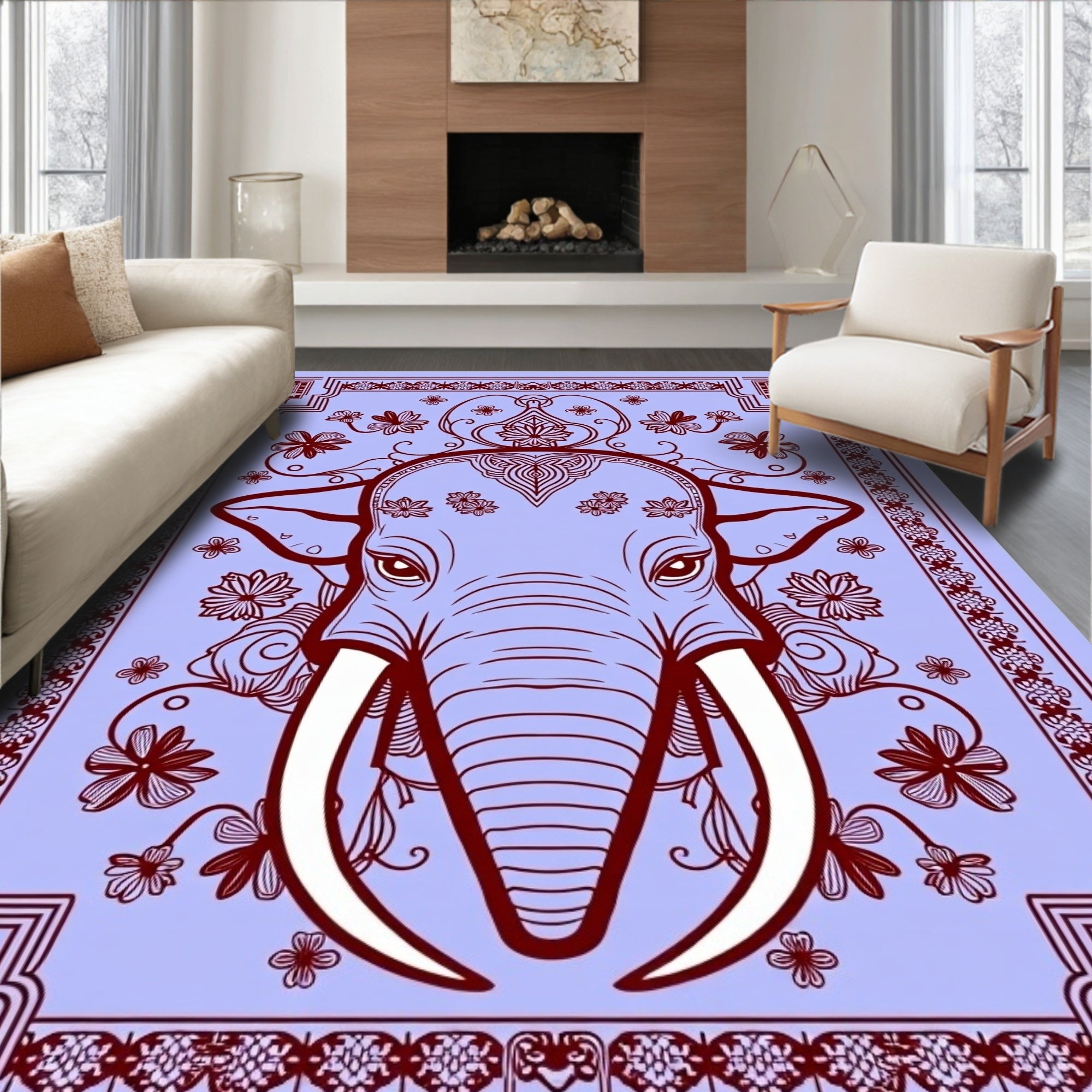 Ornate Elephant Lilac Floral Border Rug