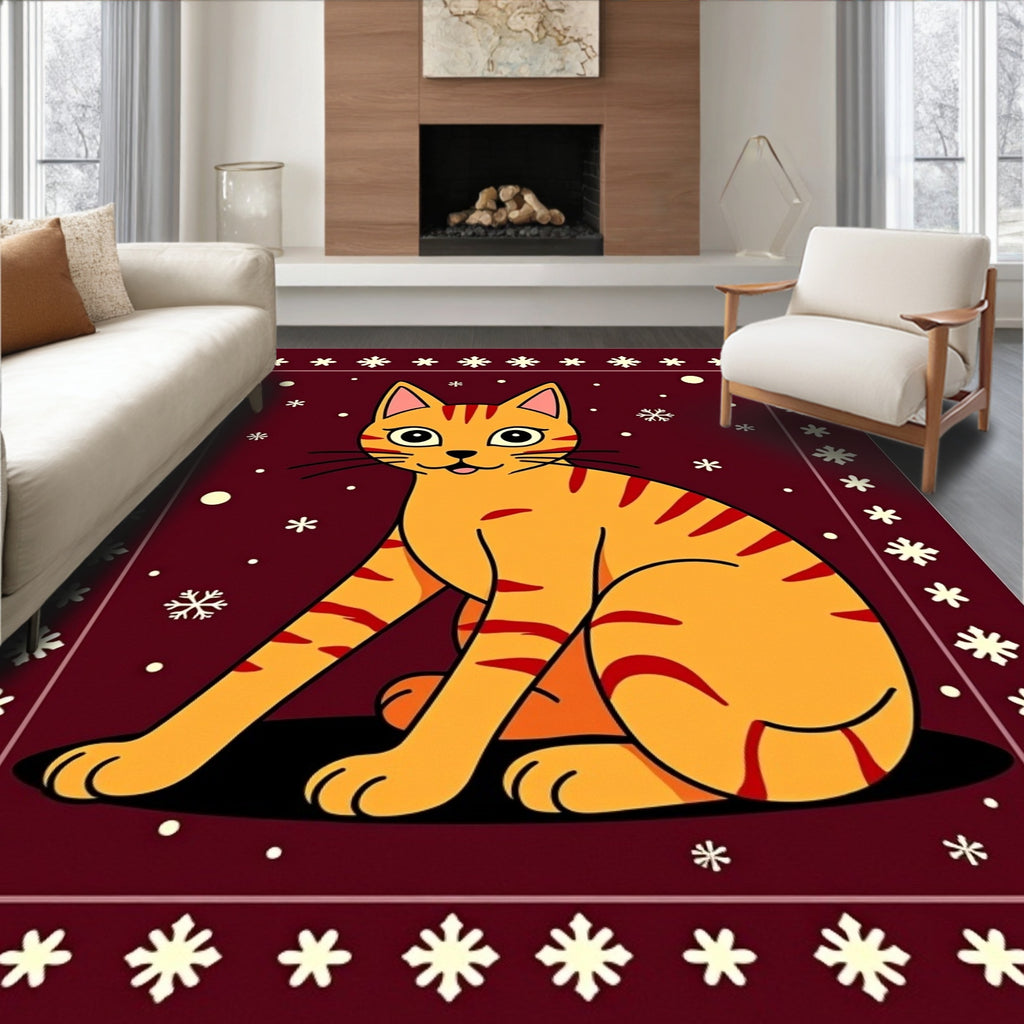 Orange Tabby Cat Snowflake Border Rug