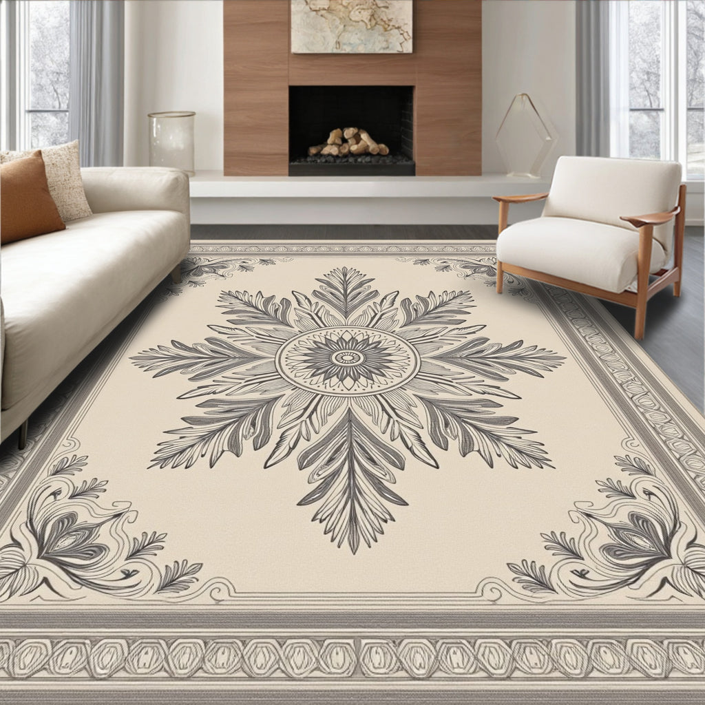 Elaborate Beige Floral Medallion Border Rug