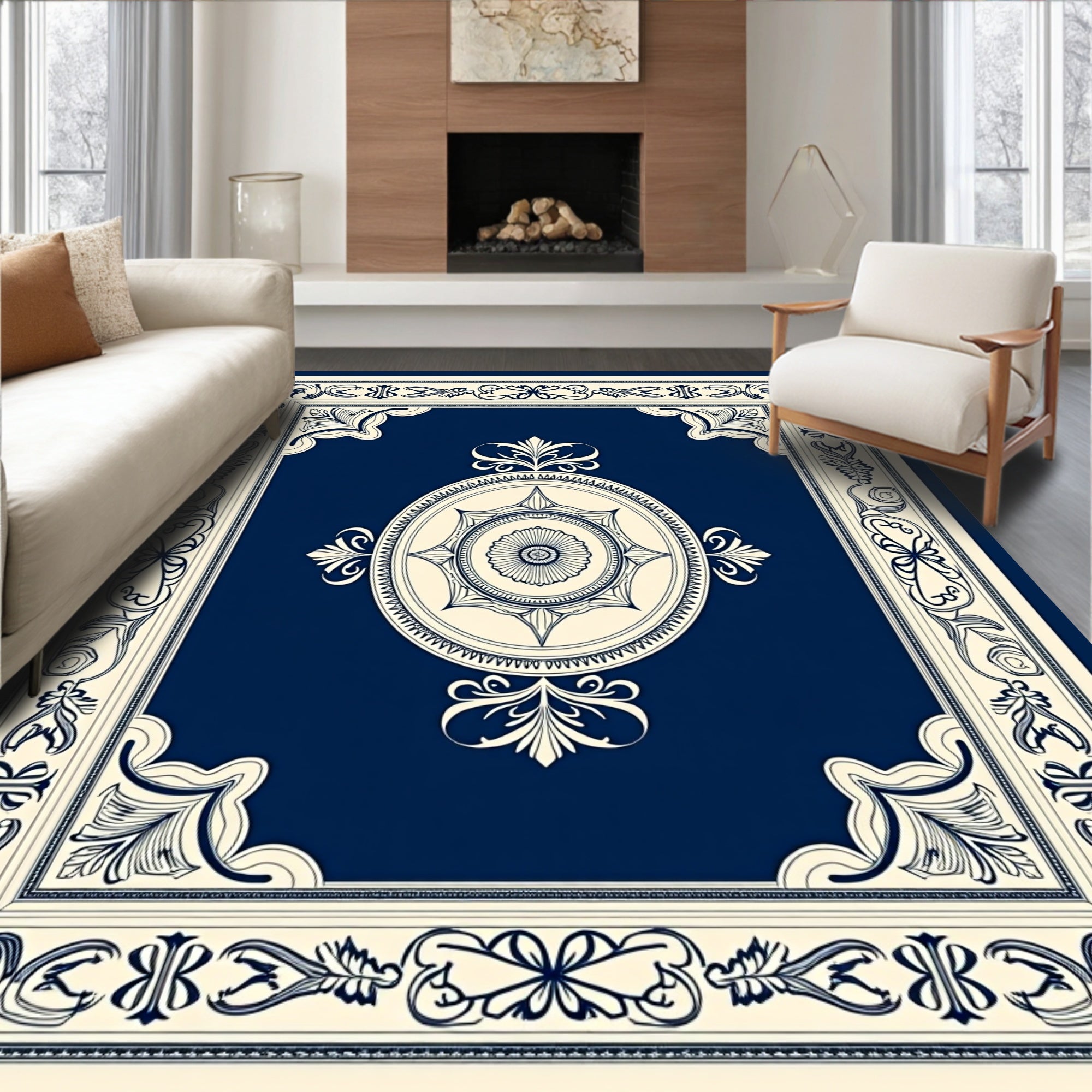 Classic Navy Floral Medallion Border Rug