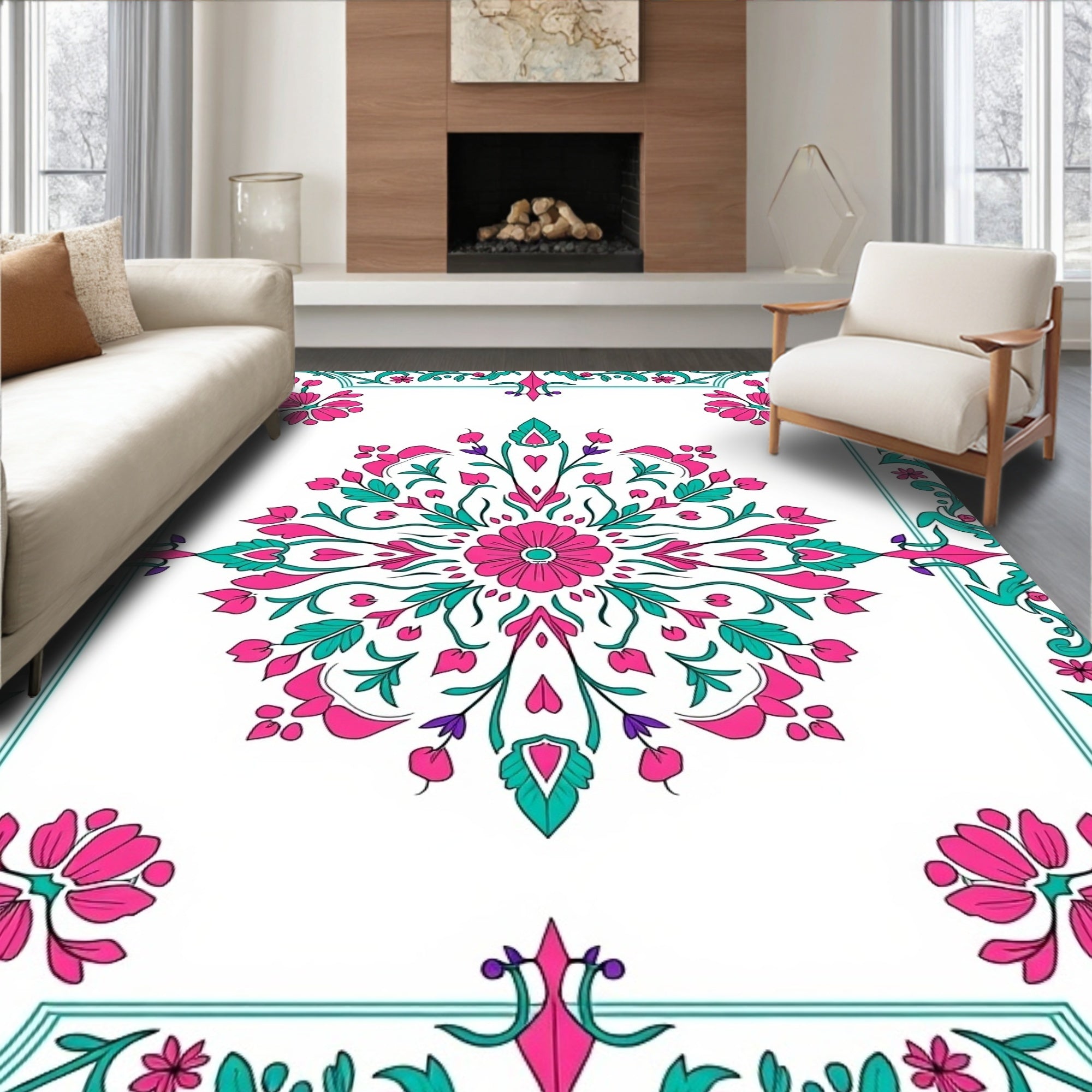 Pink Teal Floral Medallion Border Rug