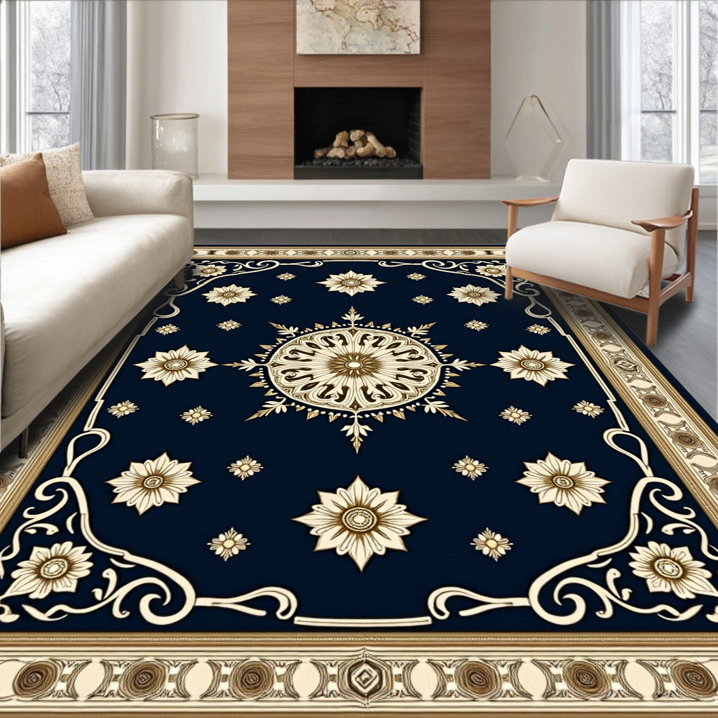 Ornate Royal Blue Golden Medallion Rug