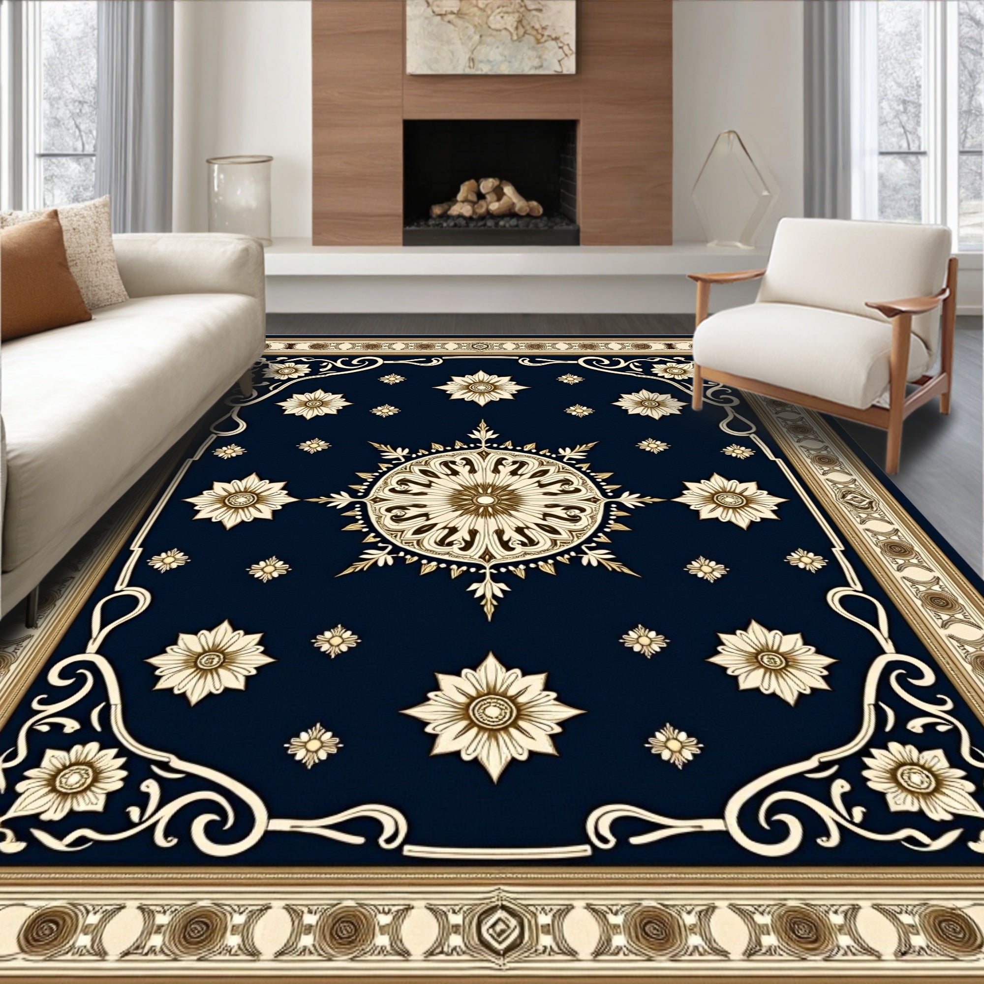 Ornate Royal Blue Golden Medallion Rug