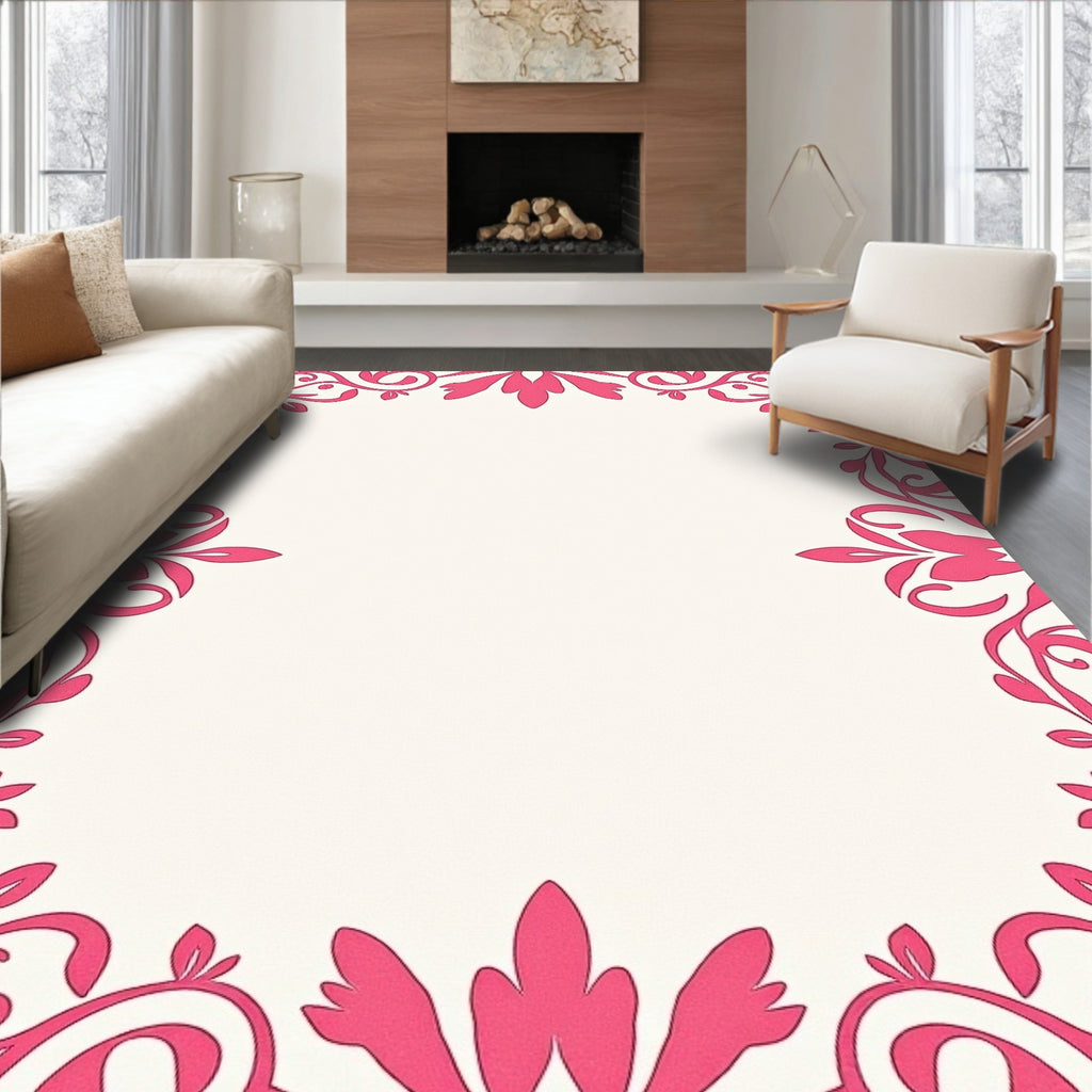 Elegant Pink Floral Vines Border Rug