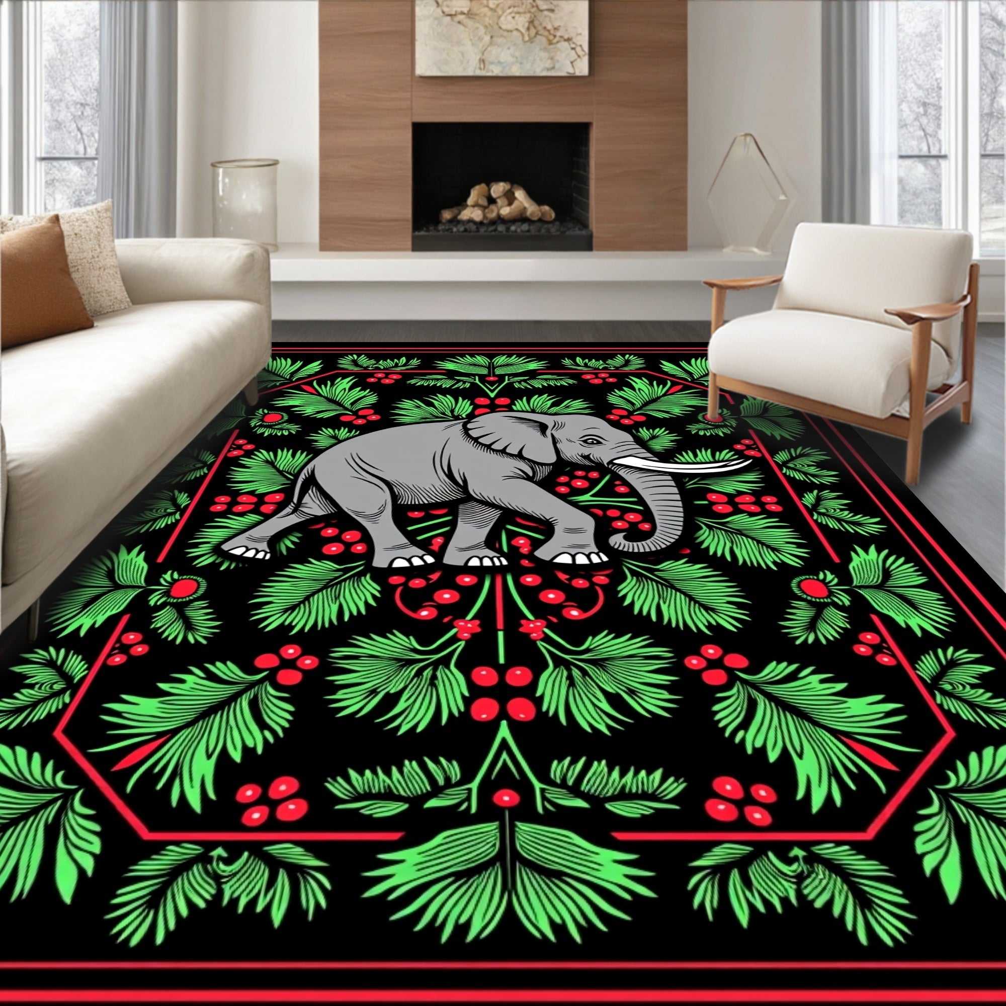 Gray Elephant Red Green Foliage Border Rug