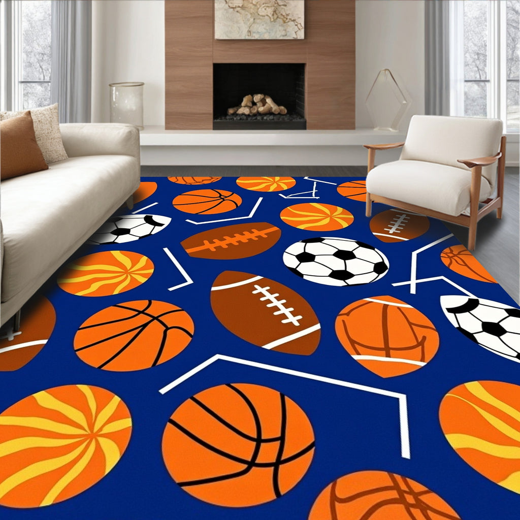 Orange Sports Ball Collage Blue Ground Rug
