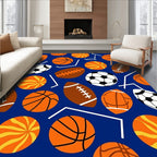 Orange Sports Ball Collage Blue Ground Rug