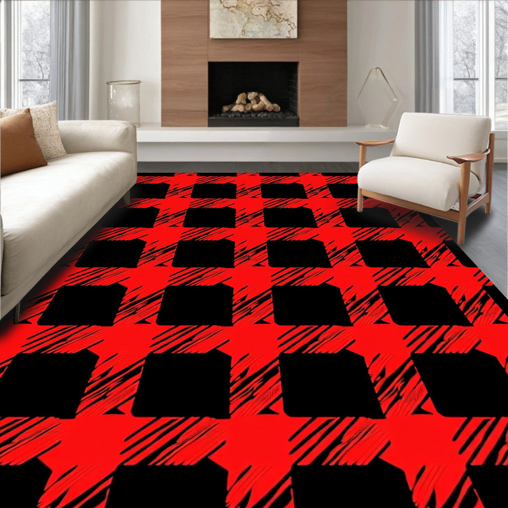 Bold Red Plaid Brush Stroke Rug