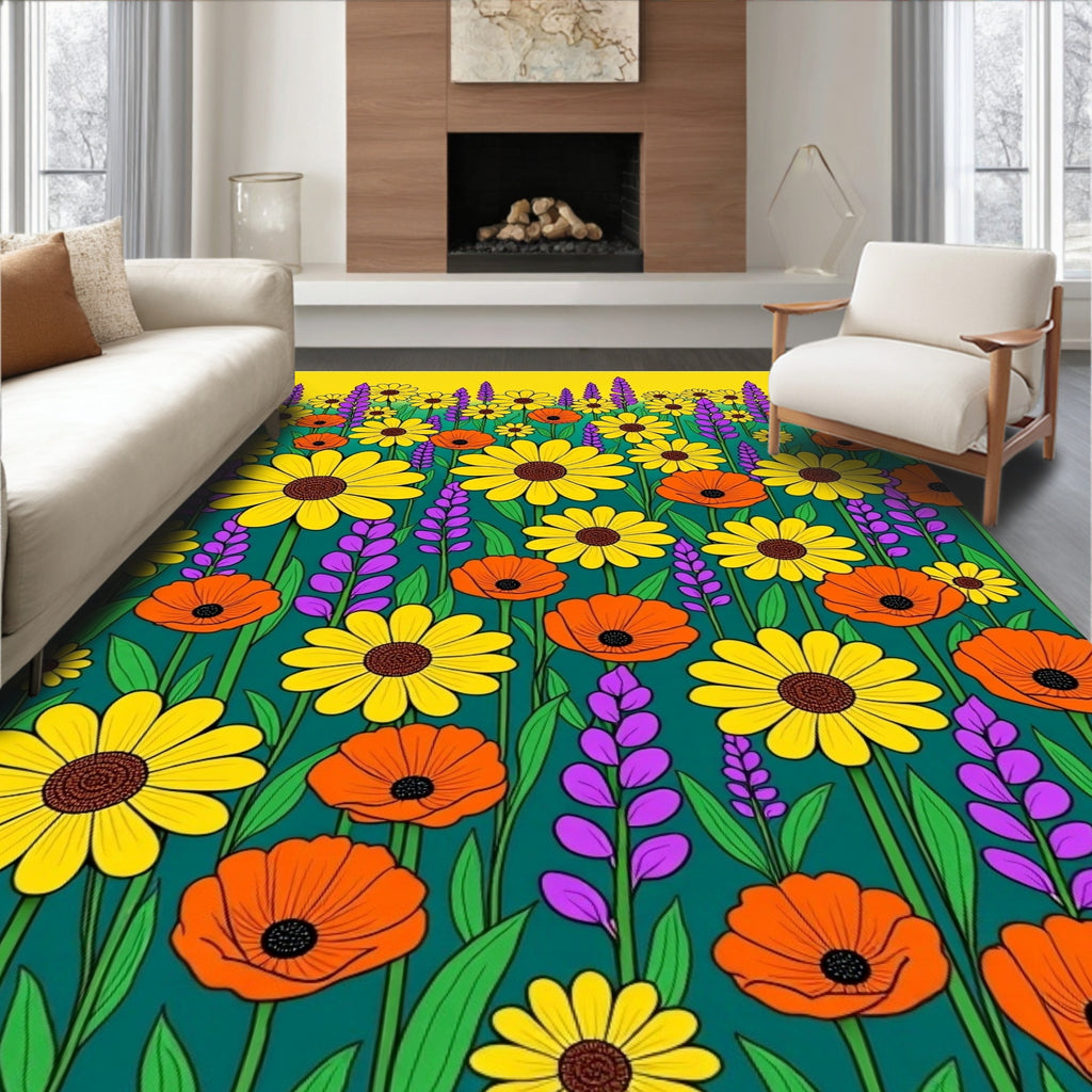 Sunny Yellow Orange Floral Field Rug