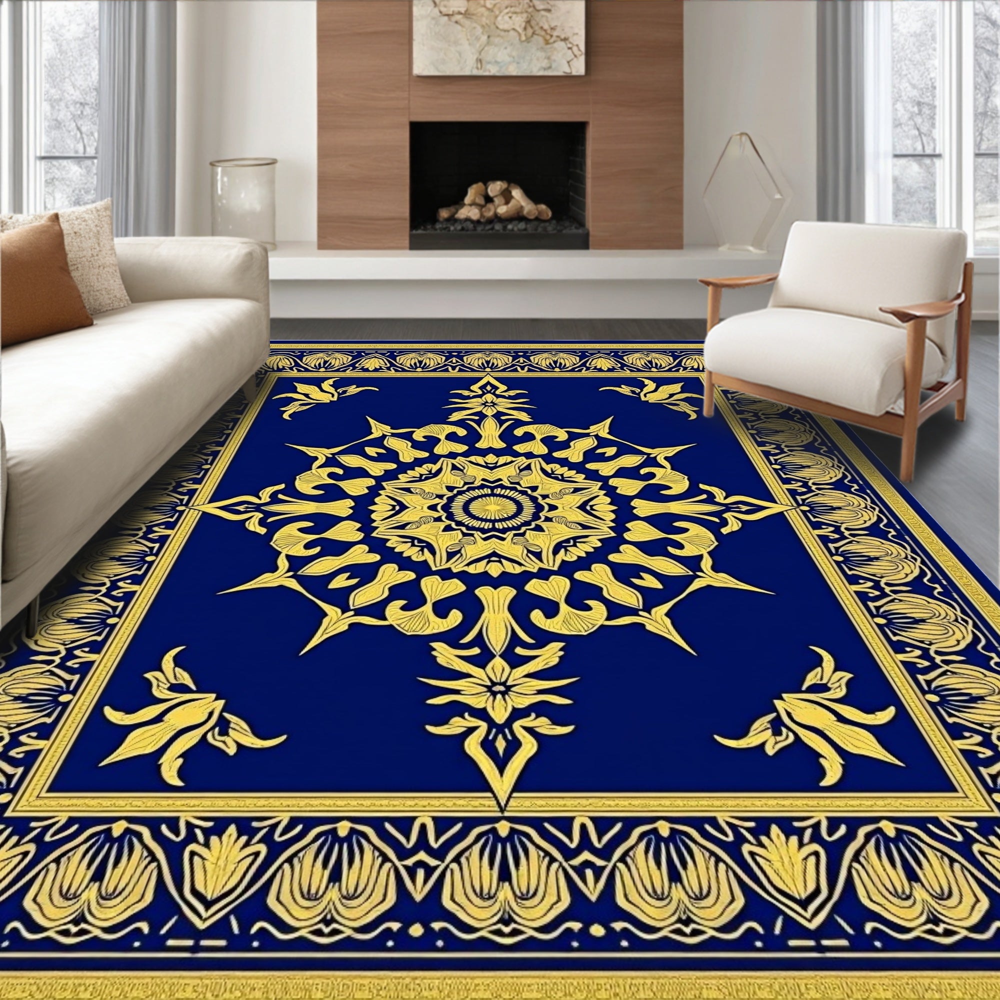 Royal Blue Gold Medallion Floral Rug