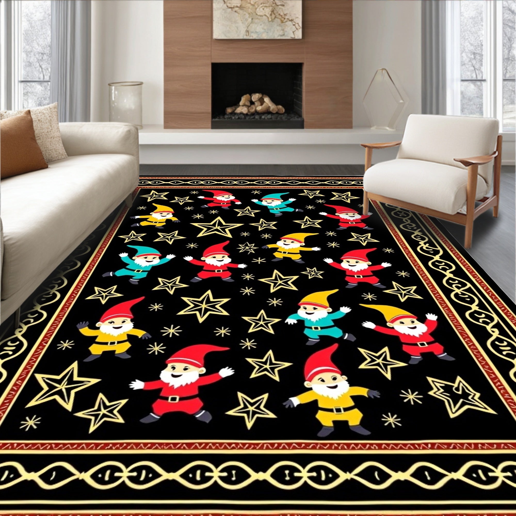 Whimsical Gnome Starry Night Black Rug