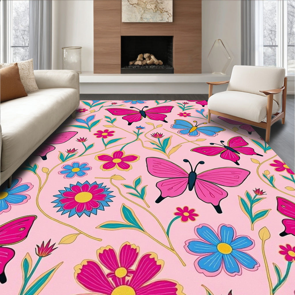 Pink Butterfly Garden Floral Swirl Rug