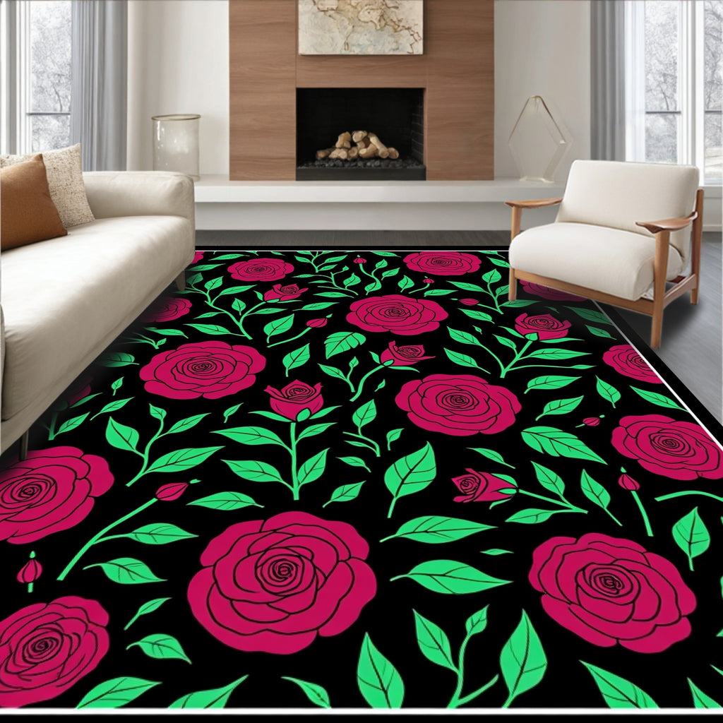 Crimson Rose Vine Black Background Rug