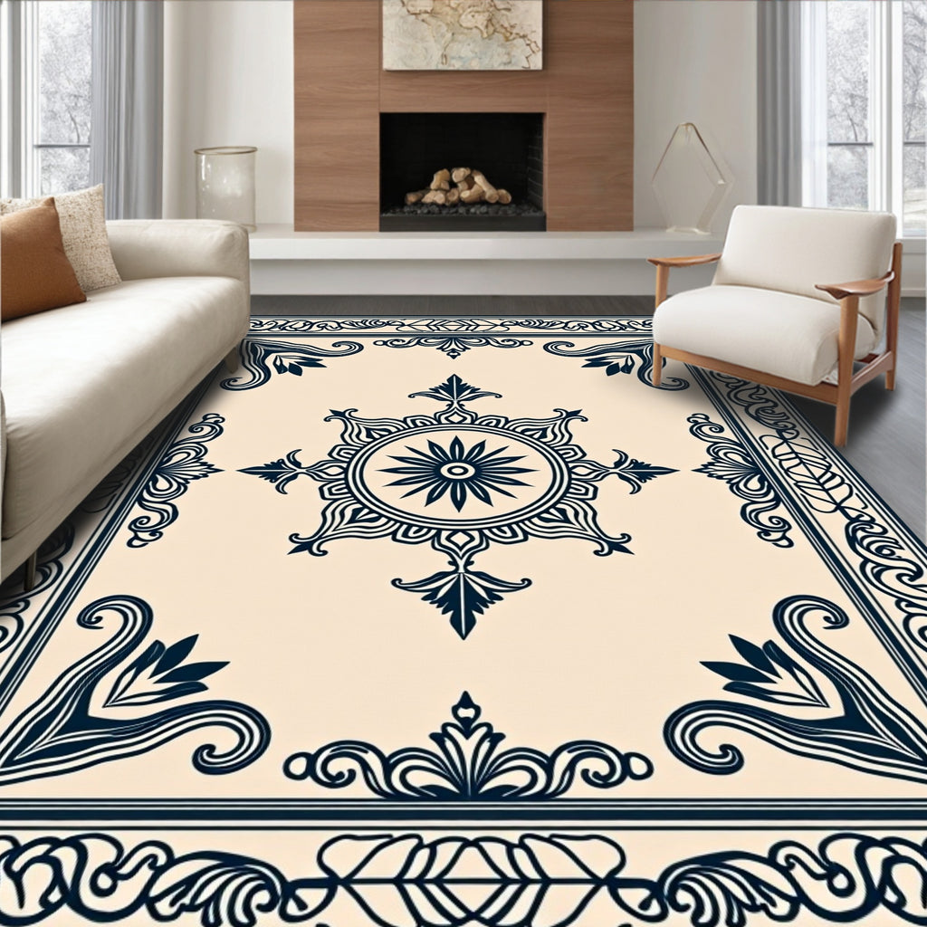 Dark Blue Intricate Floral Medallion Rug