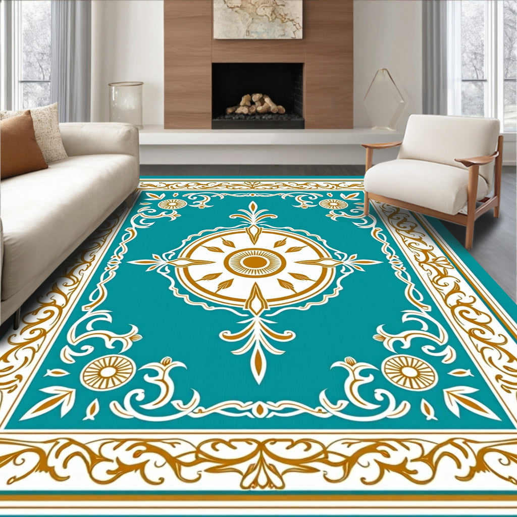 Ornate Teal and Gold Sunburst Medallion Rug