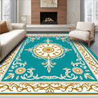 Ornate Teal and Gold Sunburst Medallion Rug