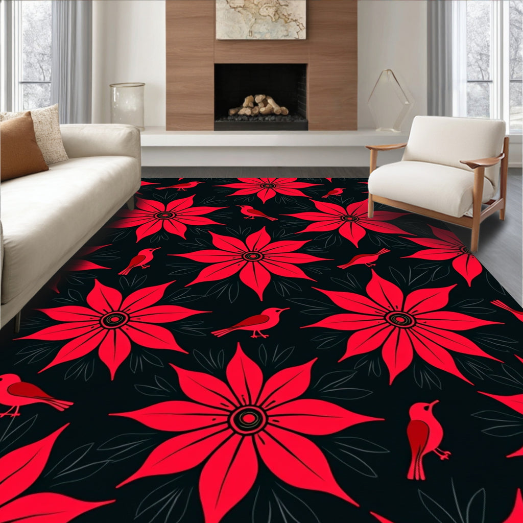 Vibrant Red Floral Bird Repeat Rug