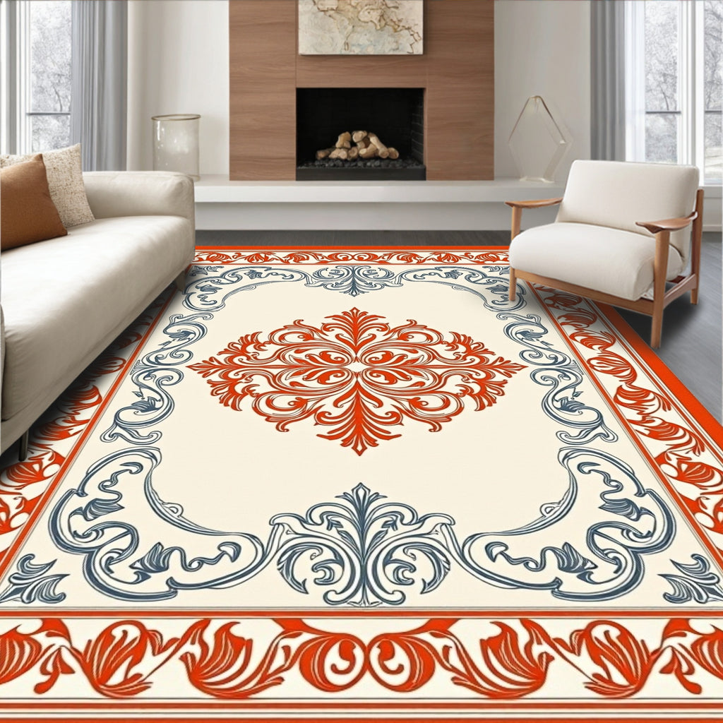 Crimson and Navy Filigree Scroll Rug