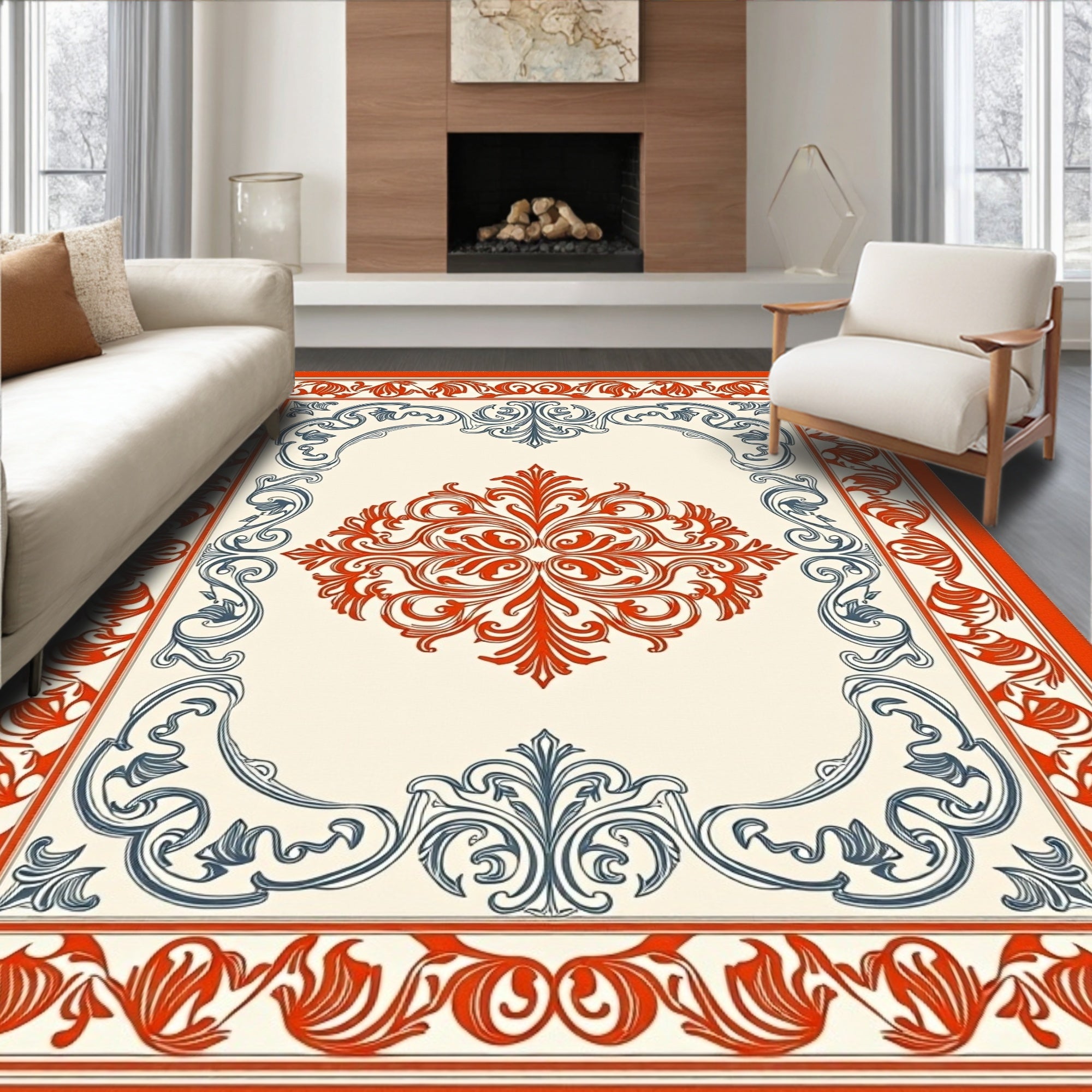 Crimson and Navy Filigree Scroll Rug