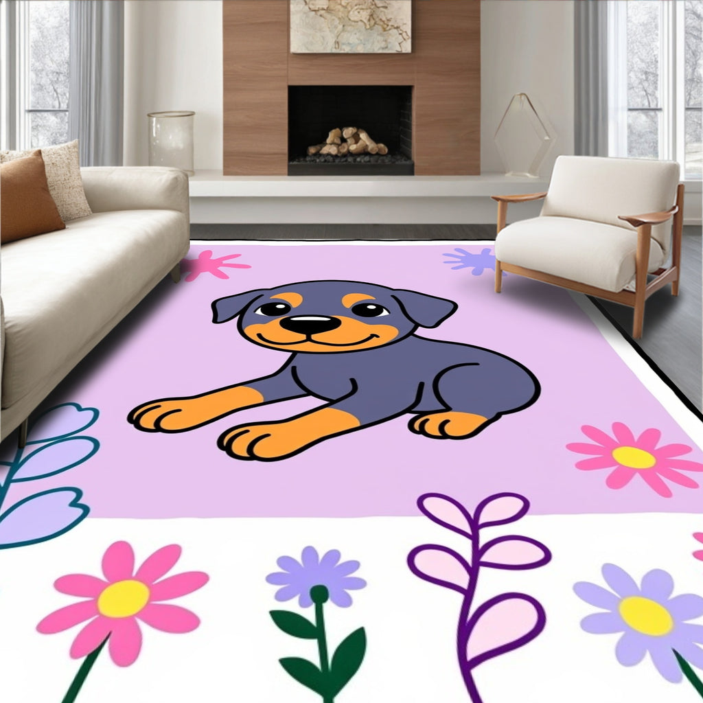 Cute Puppy With Flowers And Stars Rug