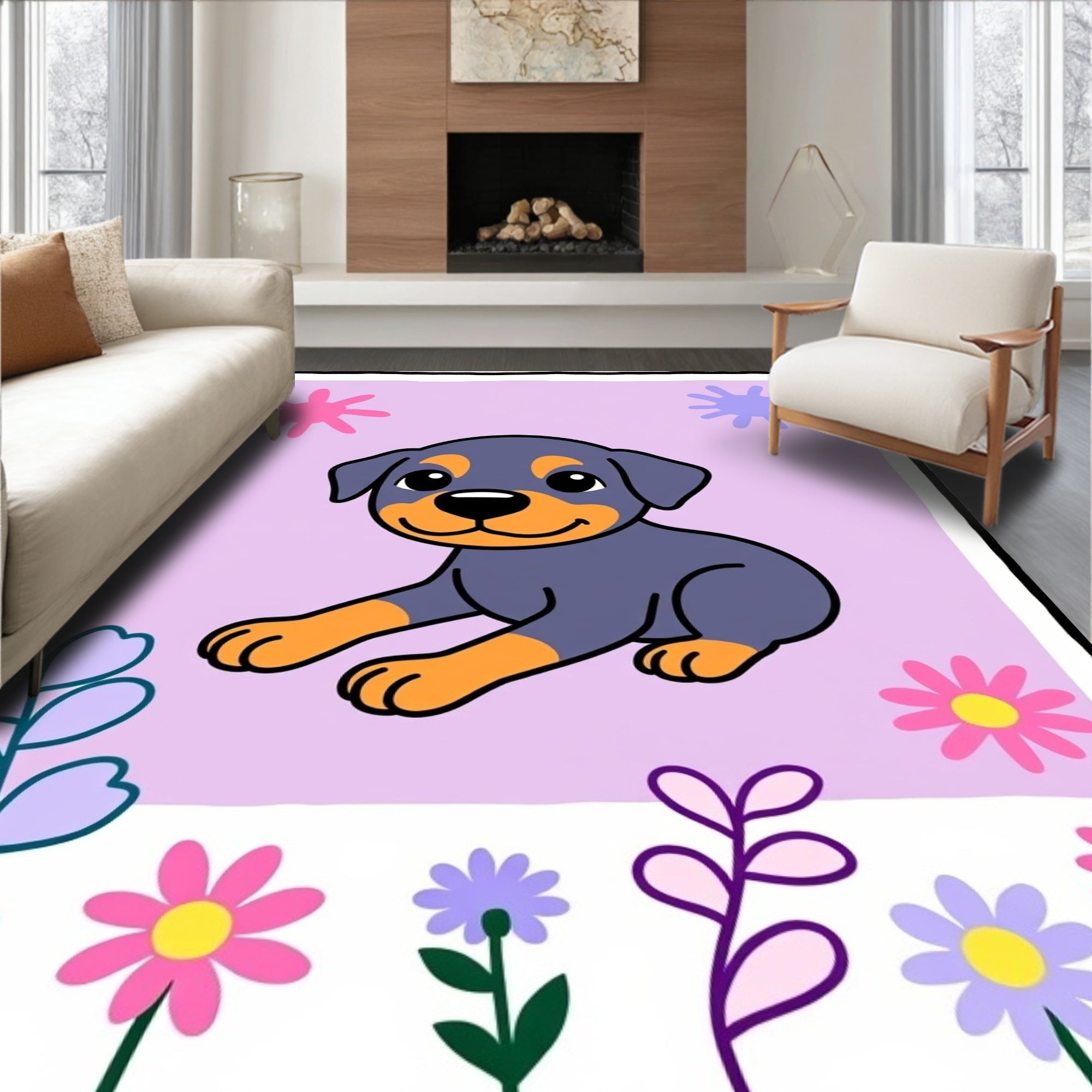 Cute Puppy With Flowers And Stars Rug