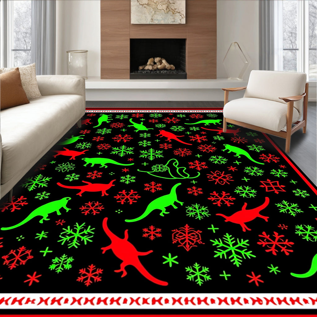 Christmas Dinosaurs Snowflakes Red Green Rug