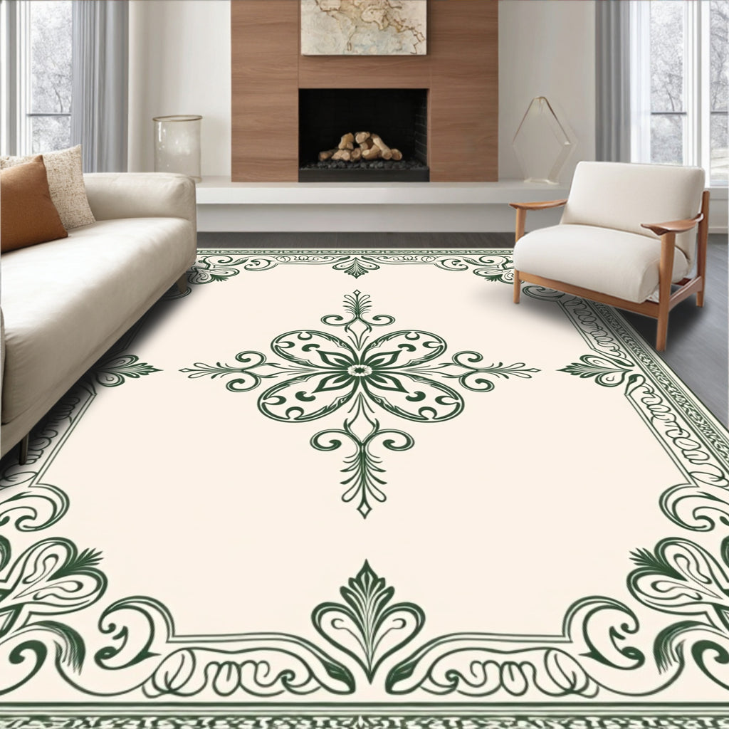 Dark Green Ornate Floral Border Rug