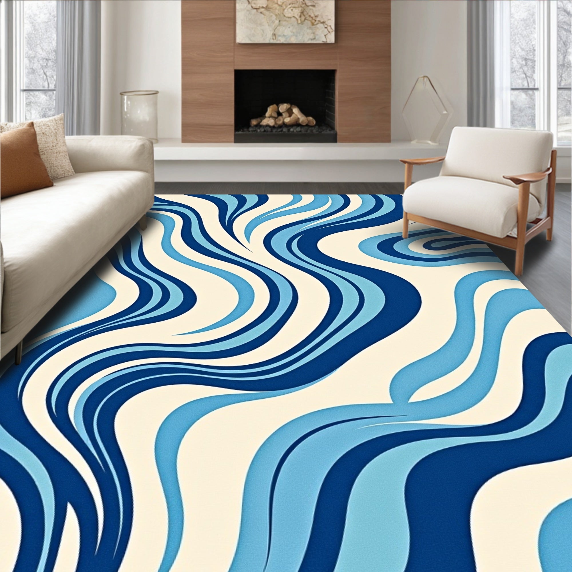 Retro Blue Ivory Swirl Wave Rug
