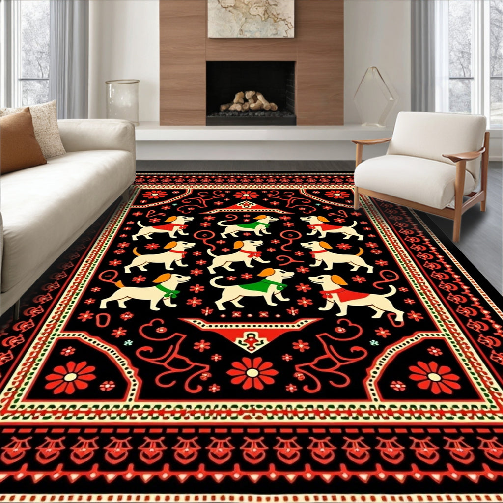 Whimsical Red Dog Folk Art Rug
